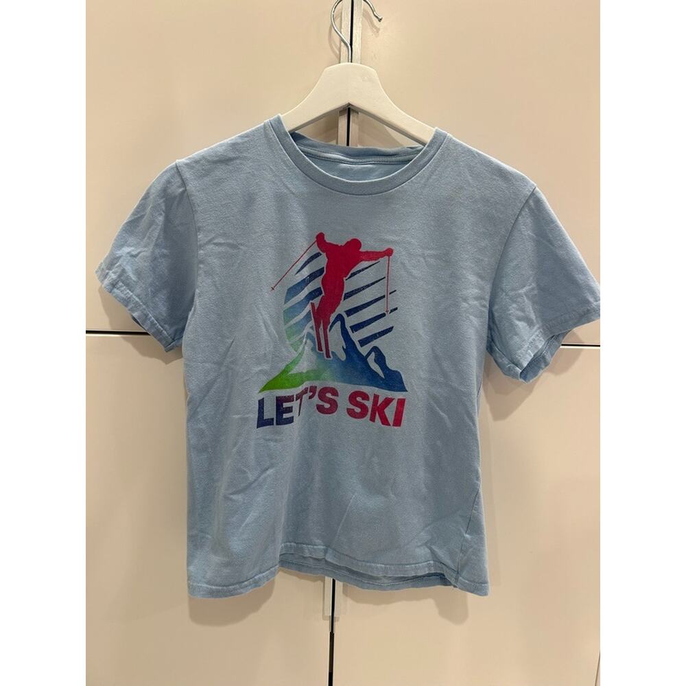 Boys sz 6/7 small Retro Ski Vintage 80s 90s Skiing Outfit T-Shirt Let's Ski Blue